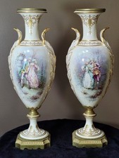 c1890 Pair French Sèvres Porcelain Mounted Urns Signed A. Hété Embossed Gold picture