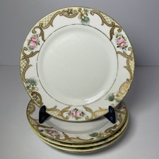 Antique Nippon Set Of 5 Hand Painted Plate Gold Lattice Scroll Pink Roses c1910s picture