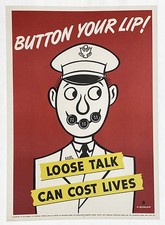 Original 1942 WWII Loose Talk Poster - Button Your Lip - O. Soglow picture