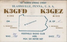 QSL postcard K3GFD K3GEZ L Harold Michael Kirkell 1961 Blairsville Pennsylvania picture