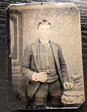 1888s TINTYPE PHOTO Handsome Man Holding Watch Chain Fob Tinted 2 1/2 x 3 1/2 picture