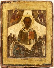 16c ANTIQUE HAND PAINTED RUSSIAN ICON OF ST.NICHOLAS WITH LIFE SEENS KOVCHEG picture