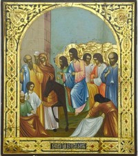  ANTIQUE 19с HAND PAINTED RUSSIAN ICON ENTRANCE OF CHRIST INTO JERUSALEM (14523) picture