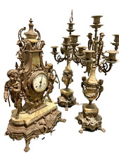 VINTAGE ITALIAN IMPERIAL  3 PIECE BRASS & MARBLE CLOCK & CANDELABRAS picture
