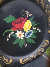 Painting TOLEWARE Floral Folk Tole Art Metal Tray Black VTG Laura Ingalls Family picture