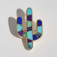Earl Plummer Navajo 14k Solid Yellow Gold Multi-Stone Cactus Pendant Pin Brooch picture