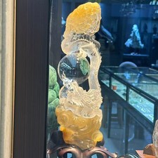 11LB Natural Yellow rabbit fur crystal Quartz Carved dragon Reiki Decor+Stand picture