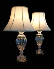 PAUL HANSON - Vintage Pair Baccarat Style Glass & Brass Lamps - U.S. - C.1970's picture