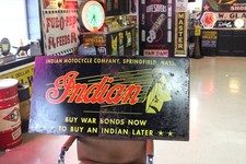 RARE 1940s INDIAN MOTORCYCLE BUY WAR BONDS WWII PAINTED METAL DEALER SIGN HARLEY picture