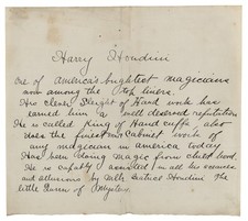 Harry Houdini Authentic Signed 7.25x8.25 Handwritten Press Release BAS #AB76510 picture