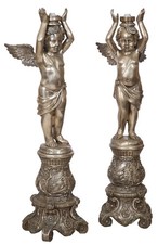 RARE MONUMENTAL Antique Pair of Silvered Bronze Cherub Floor Torchieres-61