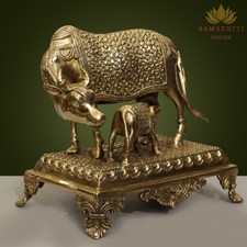 Brass Kamadhenu Cow with calf statue . 10.5 Inch Tall picture