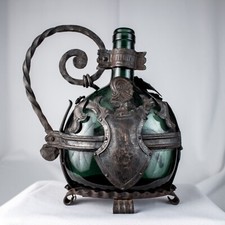 Antique Medieval 1400s Handmade Shield Grape Green Glass Store Iron Cast Pitcher picture