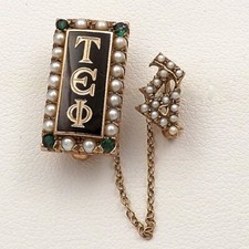 14k Gold Tau Epsilon Phi Enamel Emerald Seed Pearl Fraternity Pin Vintage 6gr picture