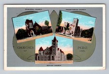 Peru IN-Indiana Churches Of Town Landmarks Vintage c1938 Postcard picture