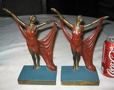 ANTIQUE ART DECO SCARF LADY DANCING BOOKENDS CRESCENT METAL ART WORKS BIG STATUE picture