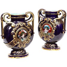 Rare Pair of French Cobalt Blue Porcelain and Limoges Enamel Portrait Vases picture