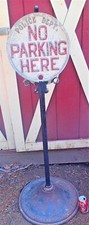 ANTIQUE ALUMINUM NO PARKING POLICE DEPT SIGN STEEL POLE STAND BASE NEWARK NJ USA picture