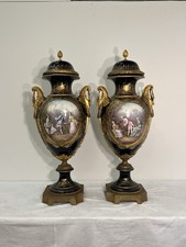 A Pair of Large French Sevres Style Hand Painted Vases and Lids 19th Century Era picture