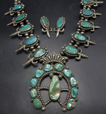 OLD 1940s Sterling Silver TURQUOISE Squash Blossom NECKLACE & EARRINGS Set picture