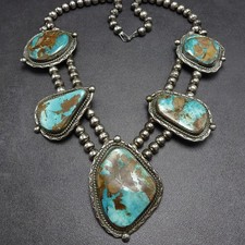 Breathtaking Signed NATIVE AMERICAN Huge Turquoise & Sterling Silver NECKLACE picture