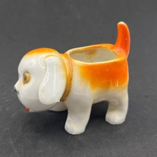 Vintage Japan Porcelain Orange White Big Eye Puppy Dog Small Planter Vase picture
