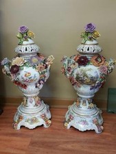 20th Century Large Pair of Dresden Porcelain Urns Vases Beautiful Ornate Flowers picture
