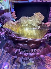 28lb TOP Natural Gold Rutilated Quartz Carved Crystal Dragon Reiki Decor+stand picture