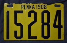 1908 PA License Plate #15284 Ing Rich Porcelain Enamel Beaver Falls Pennsylvania picture