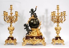 Exceptional Antique French Ormolu, Bronze and Red Marble Louis XV Clock Set picture