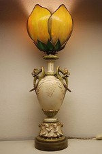 ANTIQUE GOTHIC AUSTRIAN AMPHORA ART NOUVEAU GRIFFONS PORCELAIN SLAG GLASS LAMP picture