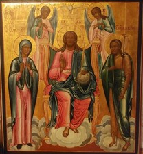 ANTIQUE 19с RUSSIANS ICON DEESIS,CHRIST ENTHRONED WITH ANGELS & SAINTS 71х 62 см picture