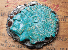 Vtg Huge Hand Made Sterling Silver Turquoise Indian Chief Western Belt Buckle picture