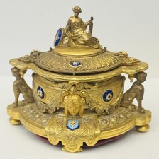 RARE CASKET NAPOLEON III GILT BRONZE ,9  CLOISONNE ENAME PLAQUES LOCK & KEY picture