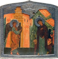 ANTIQUE 19c 84 SILVER HAND PAINTED RUSSIAN ICON  THE ANNUNCIATION picture