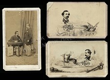 3 CDVS inc RARE TRICK PHOTO MAN W PATENT MODEL MOWING MACHINE FREDRICKS NEW YORK picture