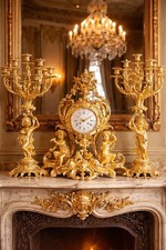 Clock Set 1840s French Louis XV Ormolu Bronze Cherub Candelabras Antique 3Pcs picture