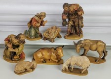 Hand Carved & Painted Wood Nativity Figures Holy Family Shepard Cow Donkey Sheep picture