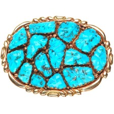 1970's Alvina Quam Zuni 14k gold belt buckle carved pyrite turquoise cluster picture