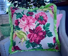 1930's Juicy Blooms & Birds Hollywood GLAM Barkcloth Pillow Cover Vintage Fabric picture