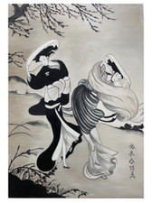 After Suzuki Harunobu “Two Girls on a Windy Day” Oil Painting 50 x 36