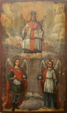 ANTIQUE 19с RUSSIAN ICON CHRIST  ALMIGHTY ENTHRONED & ANGELS 11440 62 х 37 Cm picture