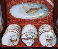 Antique Rare French Limoges Hand Painted Raised Gold Porcelain Fish Set w/Box picture