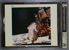 Apollo 11 (3) Armstrong, Aldrin & Collins Signed 8x10 NASA Blue # Photo BAS Slab picture