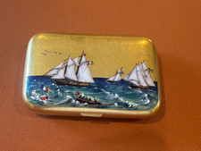 Antique 14k Yellow Gold Cigarette Case w/ Enamel Sailboats & Landscape Interior picture