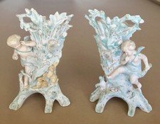 ANTIQUE PORCELAIN ELEGANT FIGURINE CHERUB ANGEL PUTTI SPILL VASES CORNUCOPIA picture