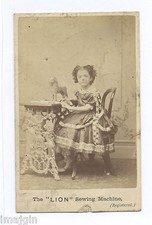1860s-1870s CDV PHOTO, RARE CAST IRON LION FIGURAL SEWING MACHINE W/ GIRL SEATED picture