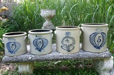 ANTIQUE PRIMITIVE COUNTRY SET OF FOUR JOHN BURGER ROCHESTER NY STONEWARE CROCKS picture