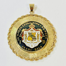 Hildgund 14K Yellow Gold Enamel Hawaii Coat of Arms Kalakaua Dollar Pendant 36g picture