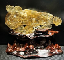 3.2LB TOP Natural gold Hair crystal quartz hand carved PI Xiu Ruyi +stand picture